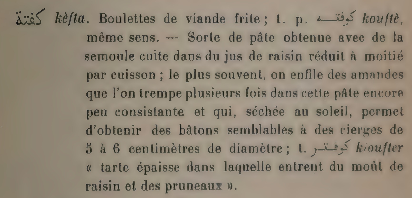 Fac-similé de l’entrée « kèfta » : son premier sens désigne les boulettes de viande. Mohammed Ben Cheneb, 1922, p. 75.